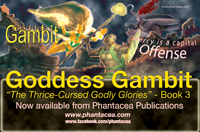 Colour and b/w ads prepared by Jim McPherson for the release of Goddess Gambit, 2012; artwork by Verne Andru, 2012